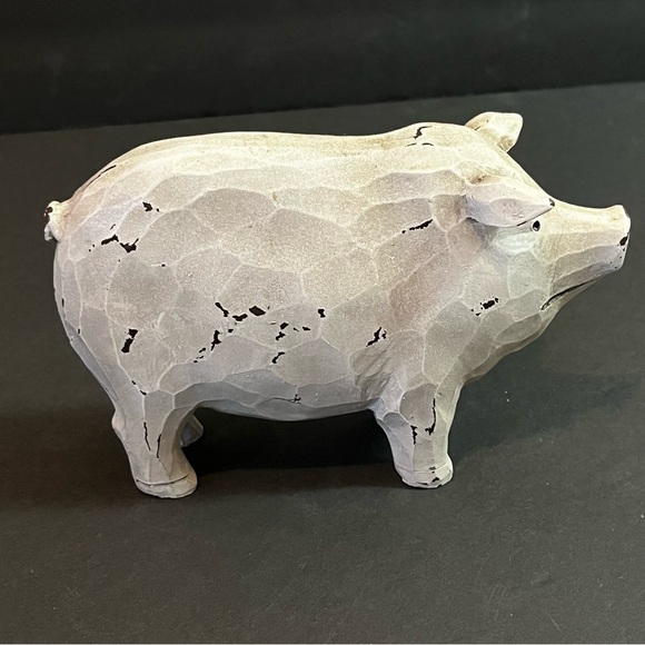 Resin Carved Pig Figurine Folk Art Cottagecore Rustic Farmhouse Curled Tail - Picture 3 of 8